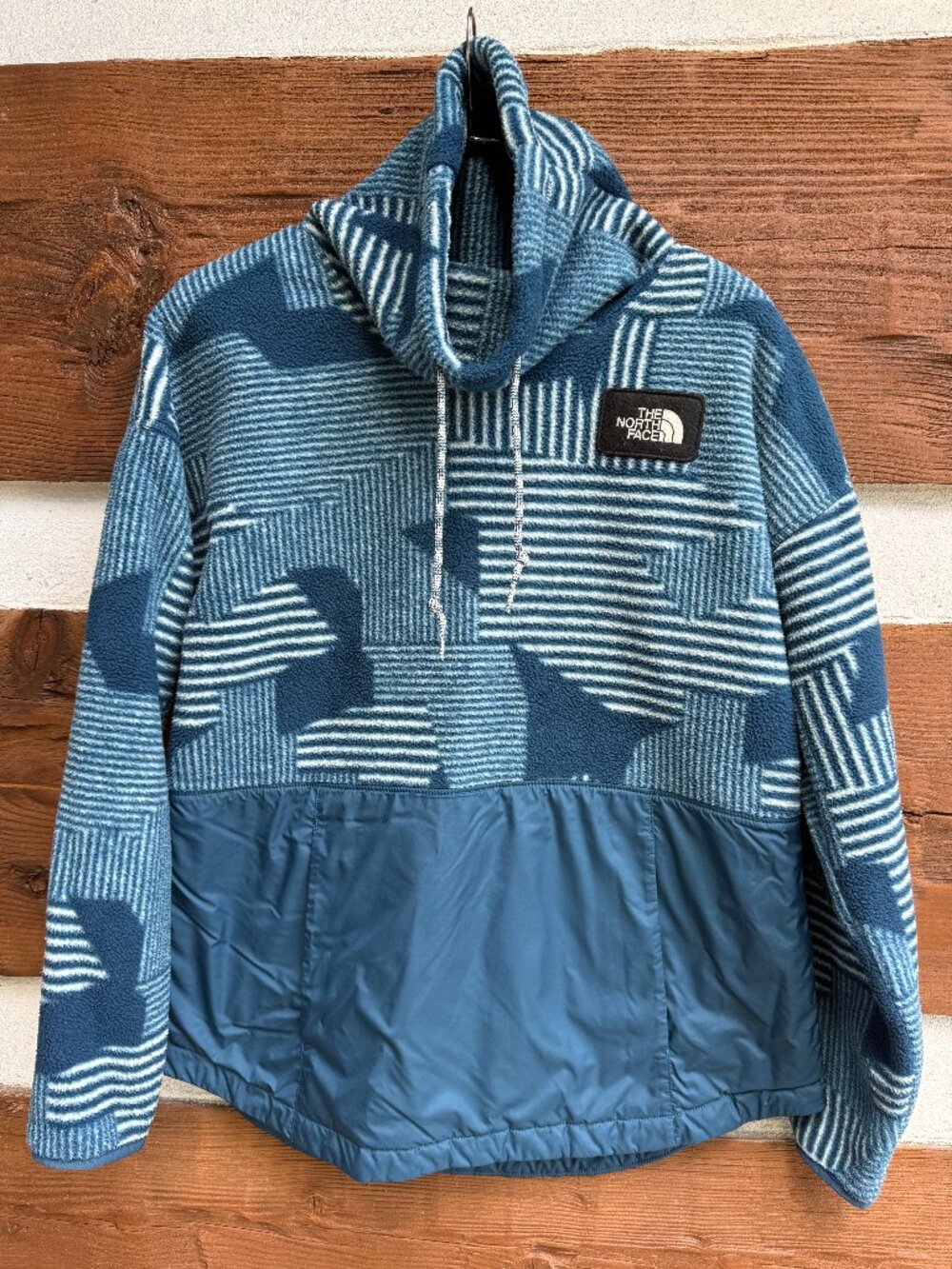 THE NORTH FACE RIIT Fleece Pullover Blue, Teal, Geometric, Cowl Neck Sweater, M
